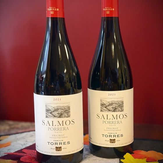 Two bottles of 2021 Familia Torres Salmos Porrera from Priorat, red capsules and cream labels, on a table scattered with autumn leaves